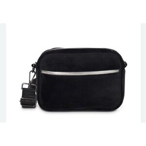 Haute Shore Drew Crossbody Bag Plush Black Velour Love Embossed Adjustable Strap